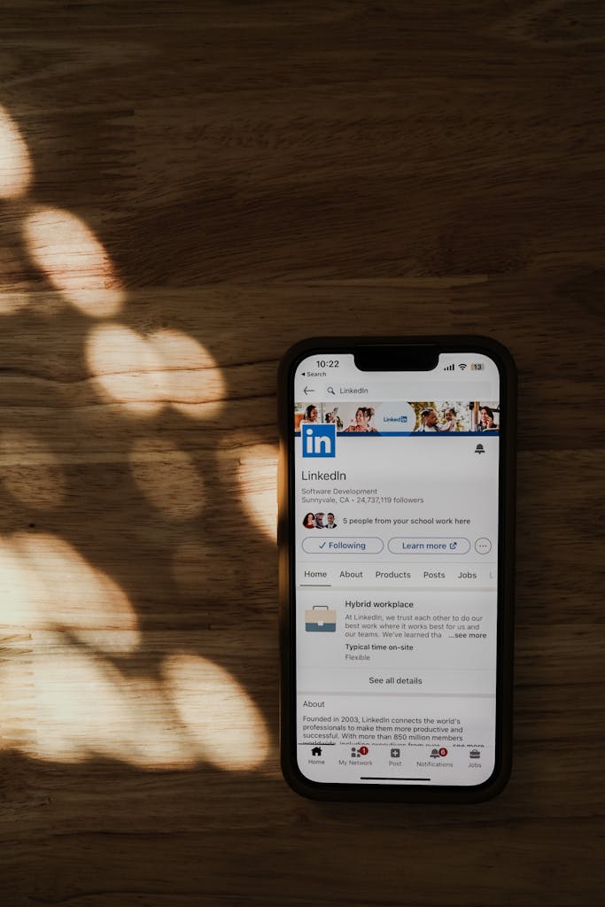 Linkedin Page on Cellphone Screen for b2b marketing